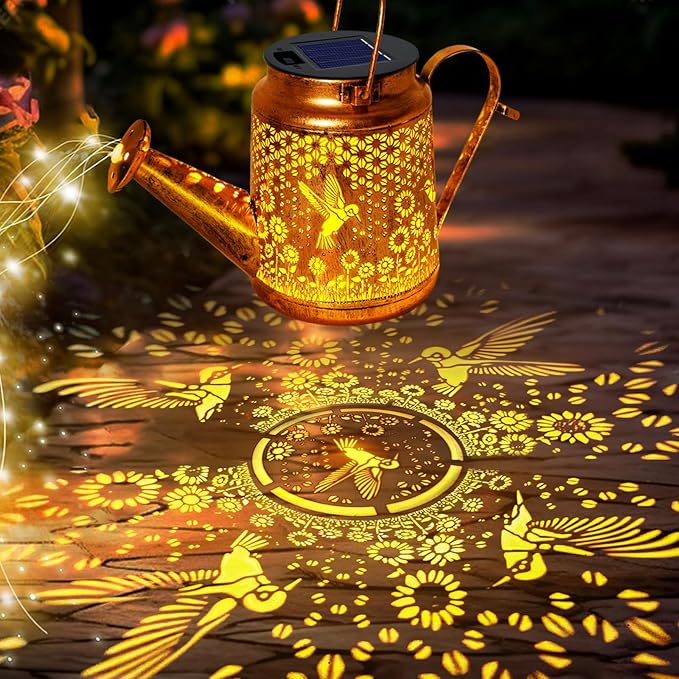 Solar Watering Can Lights, Hummingbird Hanging Lanterns Outdoor, Gardening Gifts for Mom Women Grandma Birthday, Waterproof Solar Lights Garden Decor for Outside Yard Art Patio Porch Lawn Backyard
