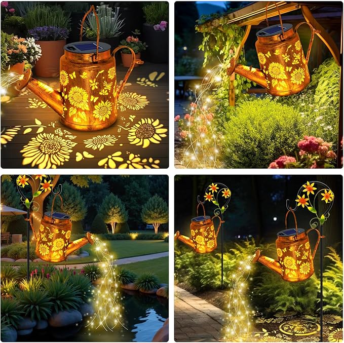Solar Lights Outdoor Waterproof, Sunflower Solar Watering Can Lights with Shepherd Hook, Birthday Gifts for Mom Grandma Women Christmas, Metal Hanging Lantern Garden Decor Yard Outside Patio Lawn