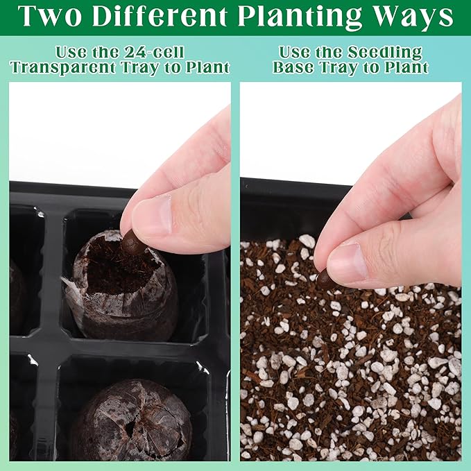 4 Sets Seed Starter Tray Kit Germination Starter Tray with Humidity Dome and Base Include 100 Peat Pellets 100 Plant Labels Garden Tools Plastic Plant Growing Trays for Greenhouse Garden, Black