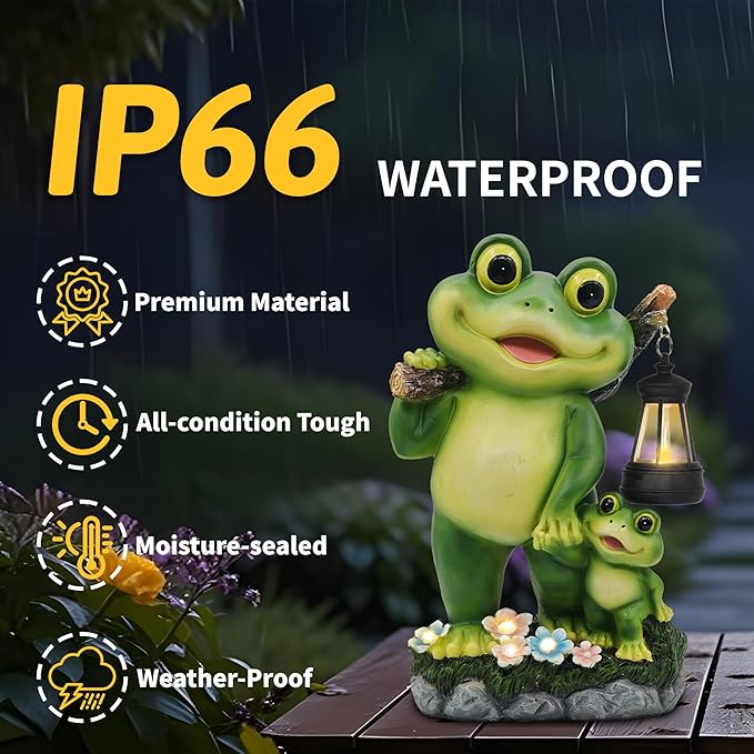 Outdoor Frog Garden Decor: 10'' Yard Decoration with LED Lantern Funny Solar Parent-Child Frog Statue Gifts for Women Gardener Housewarming Gift