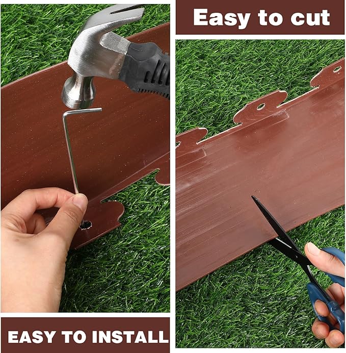 6 Inch Tall 33 ft Length Landscape Plastic Edging Kit with Hammer Spikes Plastic Garden Flower Bed Edging Landscape Border for Gardens Border Grass Yard Lawn (Brown)