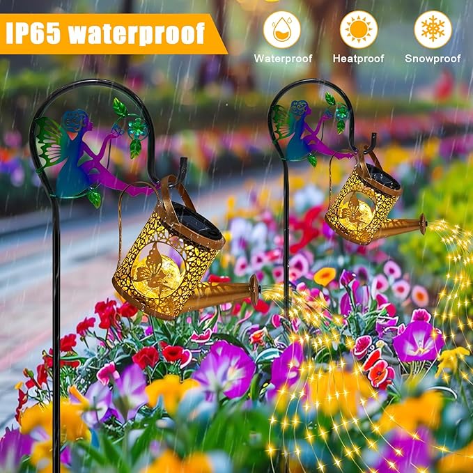 Solar Lights Garden Decorative, Solar Watering Can with Cascading Lights, Waterproof Metal Lantern with Fairy Shepherd Hook, Outdoor Decor for Yard, Patio, Gifts for Mother's Day, Women
