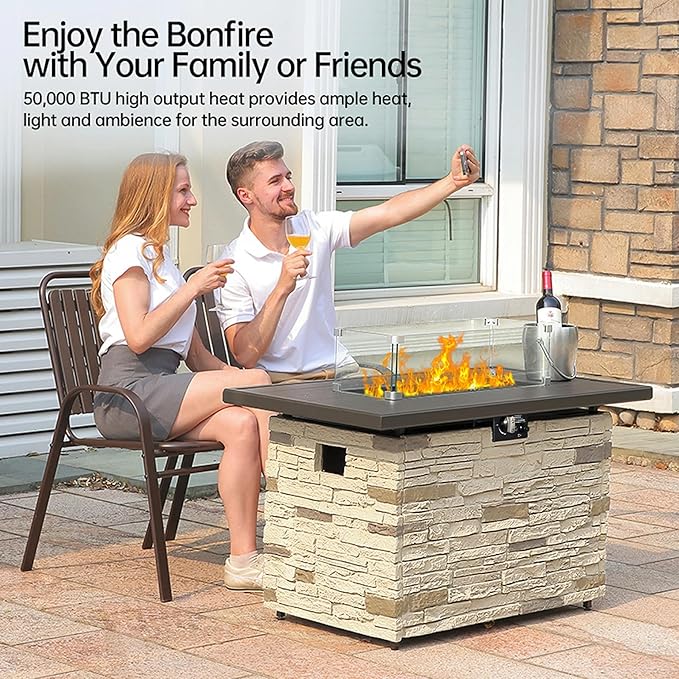 PIZZELLO 43 Inch Outdoor Fire Pit Table, 50,000 BTU Rectangle Propane Fire Pit with Glass Wind Guard, Rain Cover, Removable Lid, Matching with Outdoor Furniture Sets, CSA Certified (Buff)