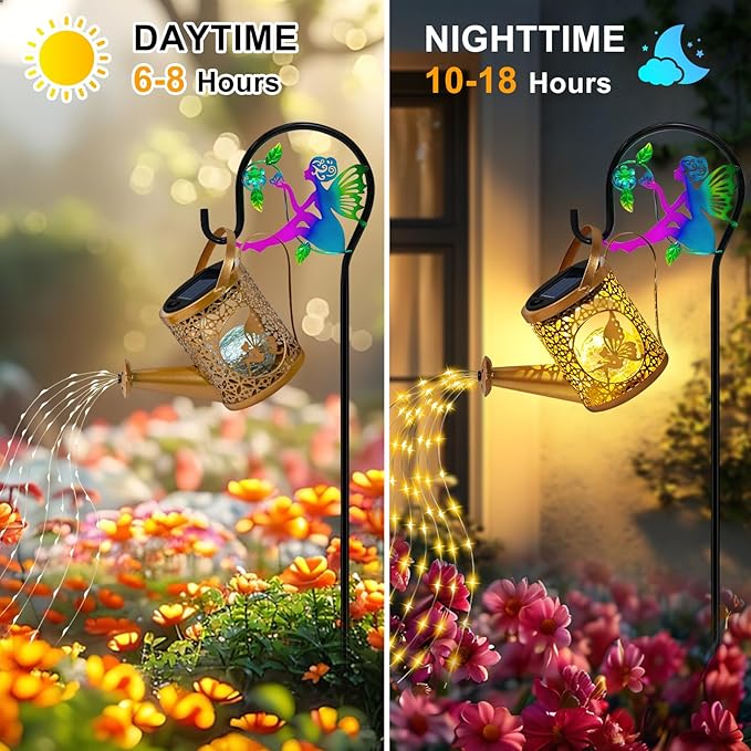 Solar Lights Garden Decorative, Solar Watering Can with Cascading Lights, Waterproof Metal Lantern with Fairy Shepherd Hook, Outdoor Decor for Yard, Patio, Gifts for Mother's Day, Women