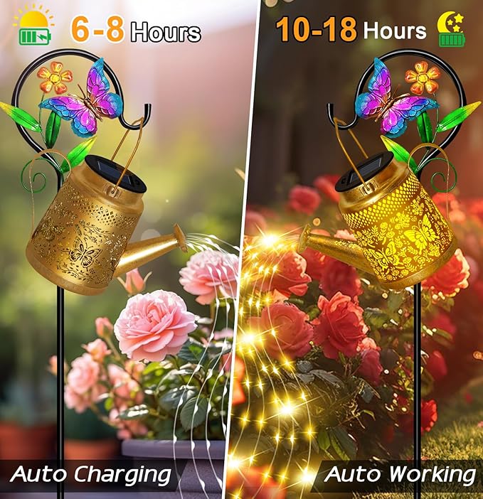 Christmas Gifts Butterfly Solar Watering Can Lights, Outdoor Waterproof Garden Lanterns with Shepherd Hook, Solar Garden Decor for Yard Outdoor Landscape Pathway, Gift for Women Mom Grandma, 2 Pack