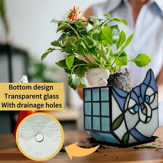 Stained Glass Cat Flower Pot,Cute Pots for Plants,Small Plant Pot with Unique Cat Face Design,Tiltable Terrarium Decoration,4.6x3x5.15 in(Excluding Plants)