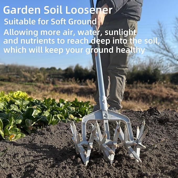 Rotary Cultivator, Adjustable Hand Tiller Garden Tool with Detachable Solid Metal Tines for Loosing and Mixing Soil,2-in-1 Manual Tiller Garden Cultivator for Reseeding Grass 58 Inch