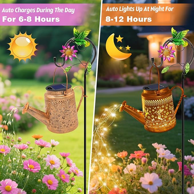 VOOKRY 2 Pack Hummingbird Metal Solar Watering Can Lights, Solar Lights Outdoor Waterproof, Birthday Gifts for Women Mom Grandma Christmas, Hanging Lanterns Garden Decor for Outside Yard Patio Lawn