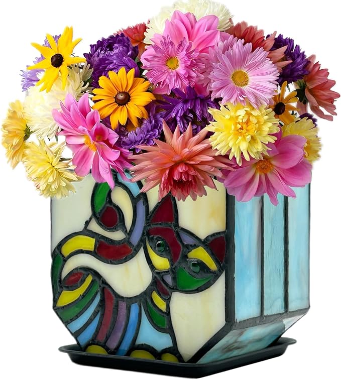 Stained Glass Cat Pot with Drainage,Cute Planters for Indoor Plants,Decorative Flower Pots,Gifts for Plant Lovers,4.6x3x5.15 in