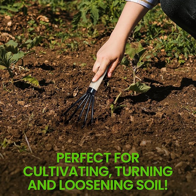 Garden Guru Hand Rake Cultivator Claw Soil Tiller - Military Grade Steel - Rust Resistant - 5 Tine Japanese Ninja Claw - Comfortable Wood Handle - Perfect Pulverized and Aerated Soil (4 Pack)