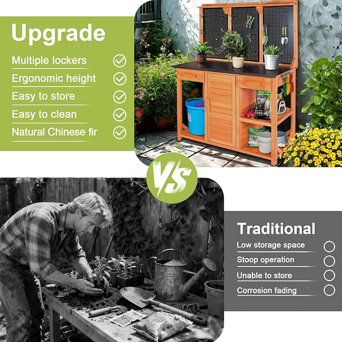 Outdoor Garden Potting Bench, Horticultural Wooden Workstation Table with Storage Drawer, Cabinet, Metal Pegboard, Adjustable Hooks and Shelves for Backyard, Patio, Greenhouse