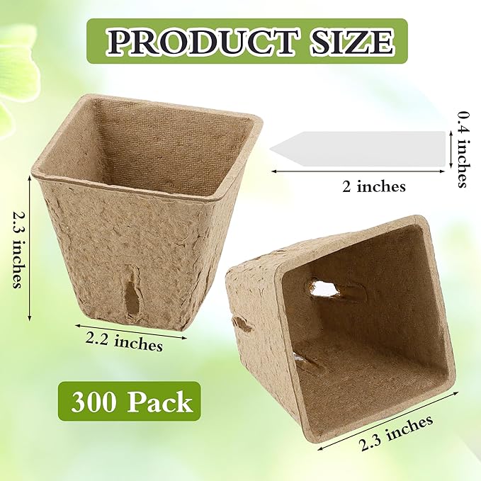 300 Pieces Peat Pots Plant Starters 2.3 Inch Square Peat Pots for Herb Seedlings Garden Germination Nursery Pots Organic Germination Plant Starter with Plant Markers Labels for Plants Supplies