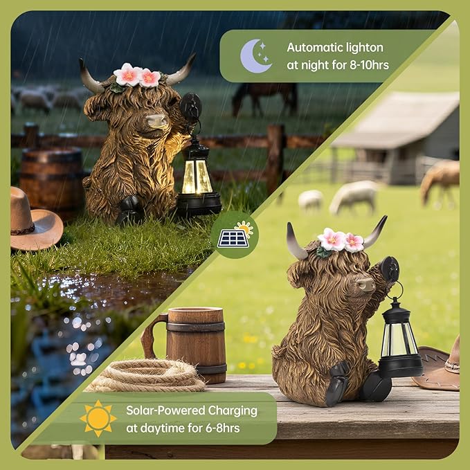 Solar Highland Cow Garden Outdoor Statue,Highland Cow Figurines Sculpture with LED,Farmhouse Decor,Patio Balcony Yard for Pasture & Farm Theme Housewarming Gifts for Women Mom