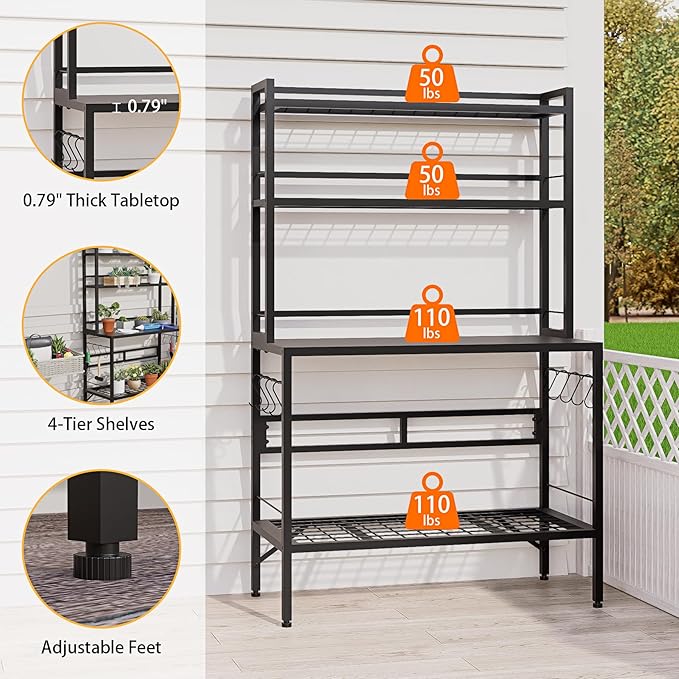 63" H Outdoor Metal Garden Potting Bench&Table with Metal Tabletop, 4-Tier Plant Shelf Rack, 8 Side Hooks, Outdoor/Indoor Gardening Workstation and Plant Stand, Black