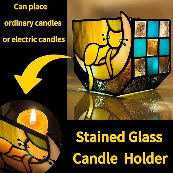 Tiffany Stained Glass Fun Moon Sleeping Cat Planter，Cactus Planter，Cute Planters for Indoor Plants,Decorative Flower Pots As Gifts for Cat Lovers，4.6x3x5.15 in