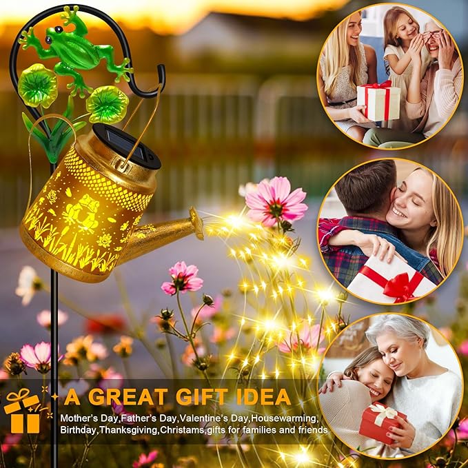 Christma Gifts Solar Lanterns Outdoor Garden Decor, Mothers Day Gifts for Women Mom Grandma Birthday, Large Frog Hanging Watering Can with Shepherd Hook, Waterproof Garden Lights for Outdoor Yard