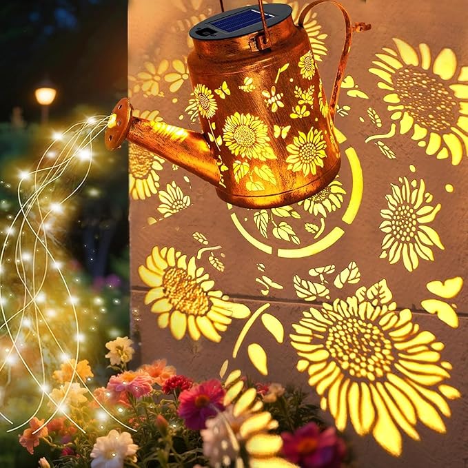 Solar Lanterns Outdoor, Sunflower Watering Can lights, Waterproof Hanging Lanterns Solar Path Lights Outside Yard Patio Gardren Decor, Gardening Birthday Gifts for Mom Grandma Women with Shepherd Hook