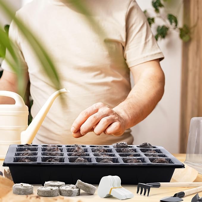 4 Sets Seed Starter Tray Kit Germination Starter Tray with Humidity Dome and Base Include 100 Peat Pellets 100 Plant Labels Garden Tools Plastic Plant Growing Trays for Greenhouse Garden, Black