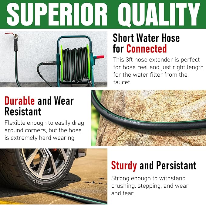 Heavy Duty Garden Hose 3ft, NON-EXPANDABLE Flexible Water Hose, Kink Resistant Lightweight Hybrid Hose, Leakproof Hose Male to Female Fittings