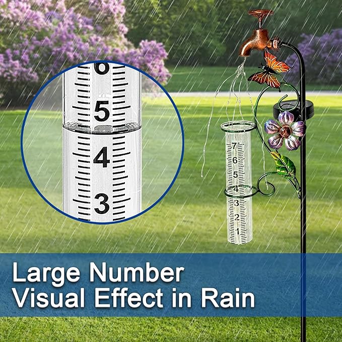 Decorative Rain Gauge Garden Stake with Butterfly and Flower Design, Copper Faucet Style, Metal Garden Decor