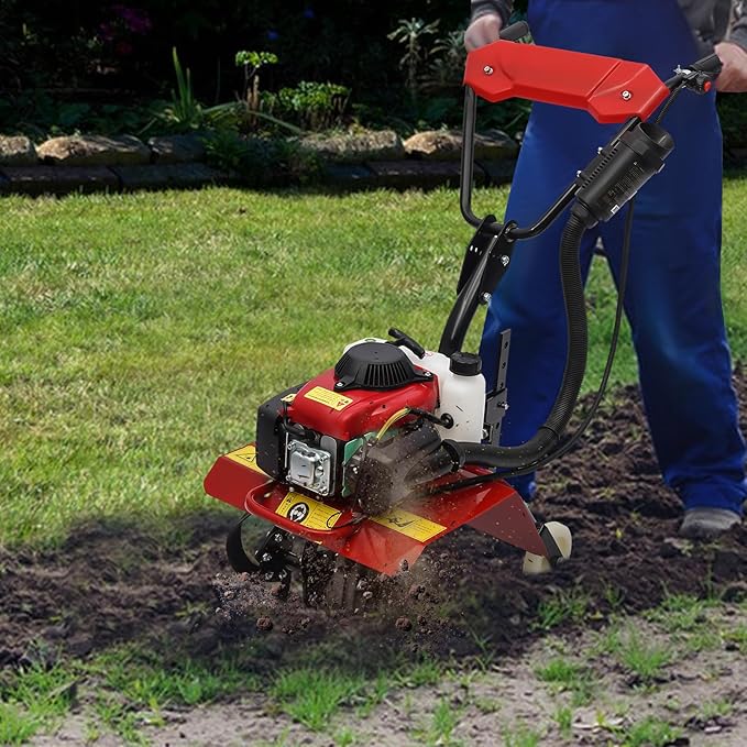 Garden Tiller Cultivator,63CC 4-Stroke Gas Powered Engine Rototiller Garden Tool with Widened Mud Flap Cordless with Long Handle Strong Power Garden Cultivator for Plowing Turning Soil Ditching