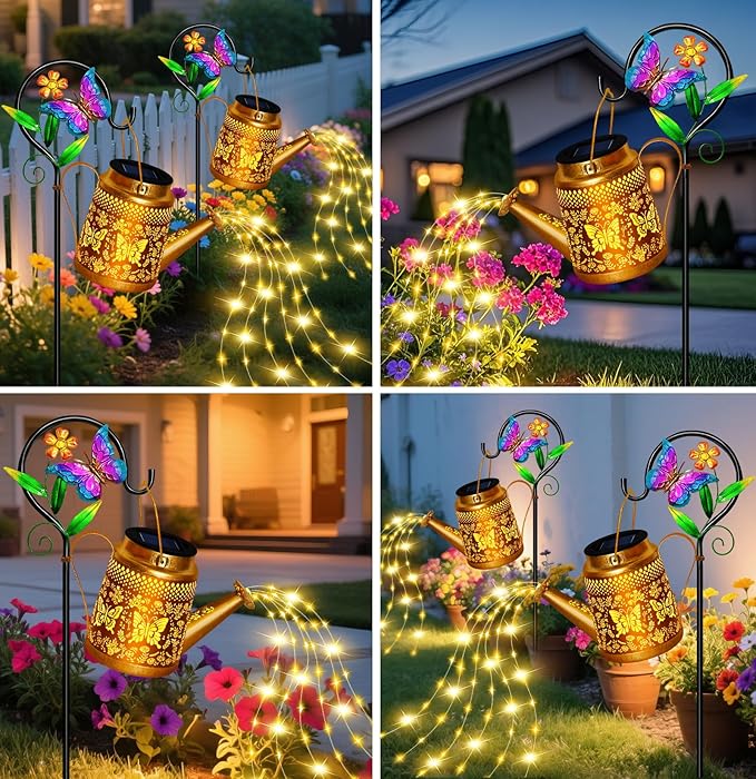 Christmas Gifts for Women,Solar Watering Can Lights for Christmas, Butterfly Lantern with Shepherd Hook, Waterproof Outdoor Decor for Garden Pathway Yard Backyard, Solar Gift for Mom Grandma Women
