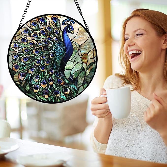 Stained Glass Window Hanging, Blue Green Peacock Decor Suncatcher for Door Garden Home Decoration Bird Sun Catchers Christmas Mother's Day Birthday Gifts for Women Men Mom Nana Friend 15 in