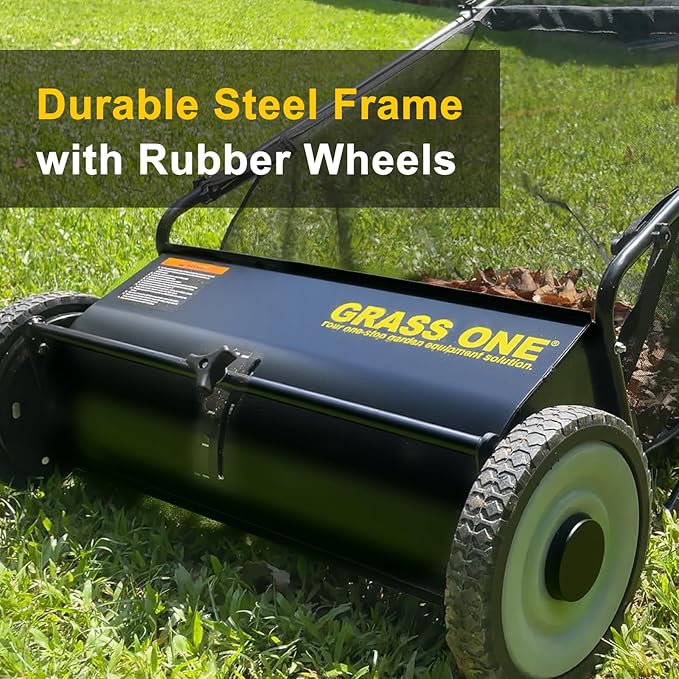 26 Inch Push Lawn Sweeper, Leaf and Grass Collector with 7 Cu.Ft Mesh Bag, 4 Spinning PP Brushes, Durable Steel Construction, Adjustable Height & Rubber Tires for Yard Cleanup