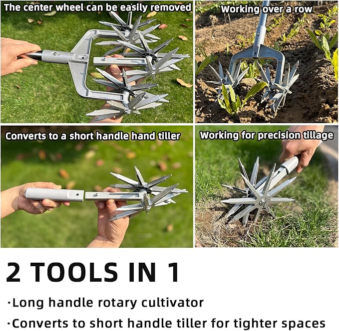 Rotary Cultivator, Adjustable Hand Tiller Garden Tool with Detachable Solid Metal Tines for Loosing and Mixing Soil,2-in-1 Manual Tiller Garden Cultivator for Reseeding Grass 58 Inch