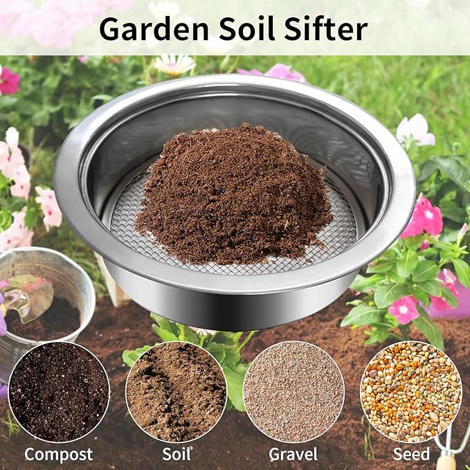 Soil Dirt Sifter for Gardening with 3pcs Interchangeable Mesh(3,6,9mm), Stainless Stackable Sifting Pan Soil Sand Rock Sieve for Dirt, Sand, Rock, Filtration, Compost with Soil Scoops (silver2)