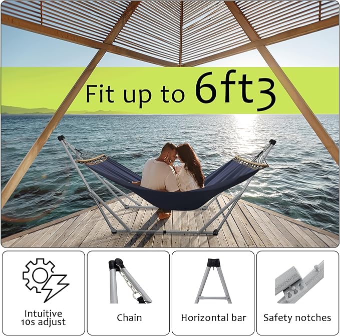 Tranquillo Ultimate Relaxation Portable Hammock Stand, Foldable Hammock Stand with Canvas Hammock, Spreader Bar, Quick Fold Unfold in 30 Seconds Steel Frame Hammock 600 lbs Capacity, White Frame, Navy
