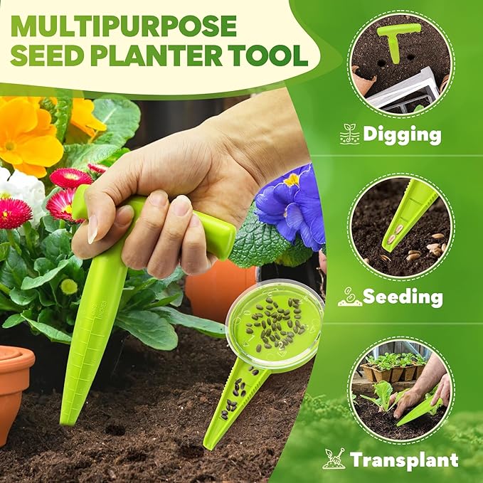 Seed Planter Tool, 6.9" Dibber Garden Tool, Plastic Dibbler Tools for Planting, Seed Dispenser, Bulb Digger Garden Planter for Sowing Seeds, Bulbs, Digging (with Plant Labels)