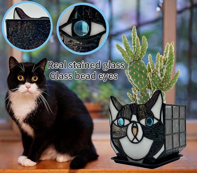Tiffany Cute Cat Stained Glass Flower Pots,Indoor and Outdoor Plant Displays,Black Cat Plant Planter,Candle Holder Container Decoration 4.6 x 5.15 x 3 inch(Without Succulents)
