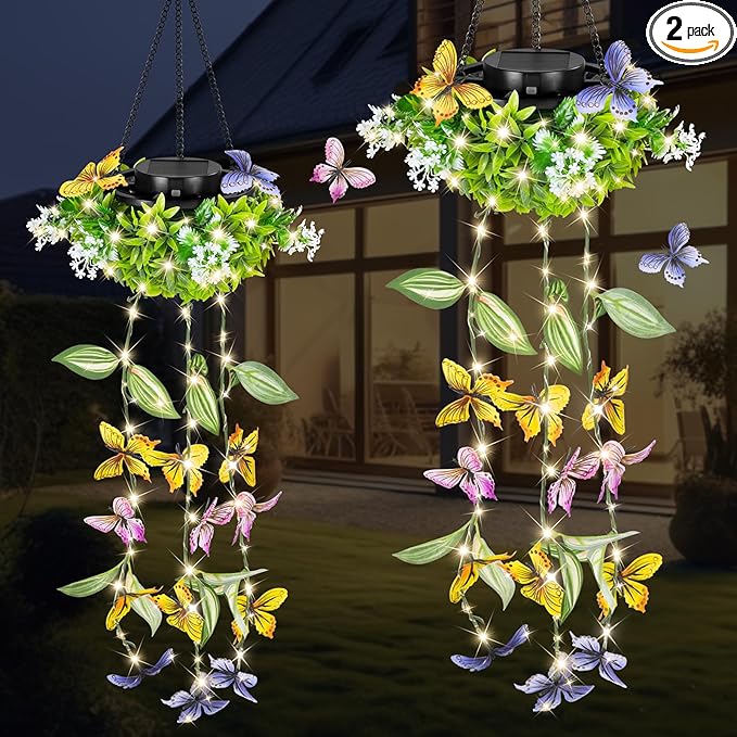Solar Hanging Garden Lights - 2 Pack, Artificial Butterfly & Flower LED Fairy String Lights, IP65 Waterproof Outdoor Festive Decor for Patio, Porch, Garden, Yard, Warm Gift for Mom, Family & Friends