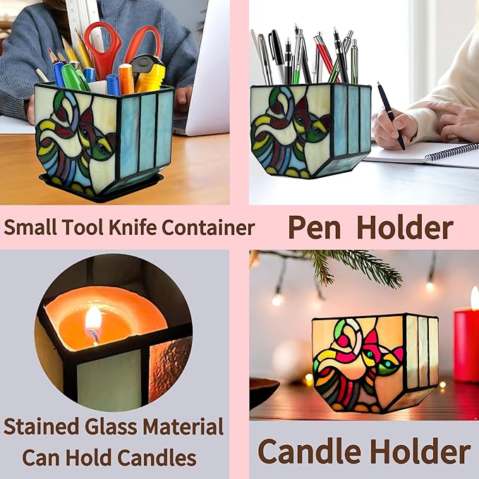 Stained Glass Cat Pot with Drainage,Cute Planters for Indoor Plants,Decorative Flower Pots,Gifts for Plant Lovers,4.6x3x5.15 in