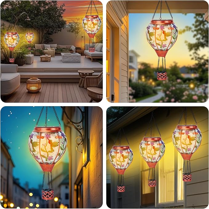 Hummingbird Solar Hot Air Balloon Lantern,Outdoor Decor with Flame Lights Waterproof, Hanging for Garden Yard Patio, Unique Gifts for Women Mom Grandma for Christmas