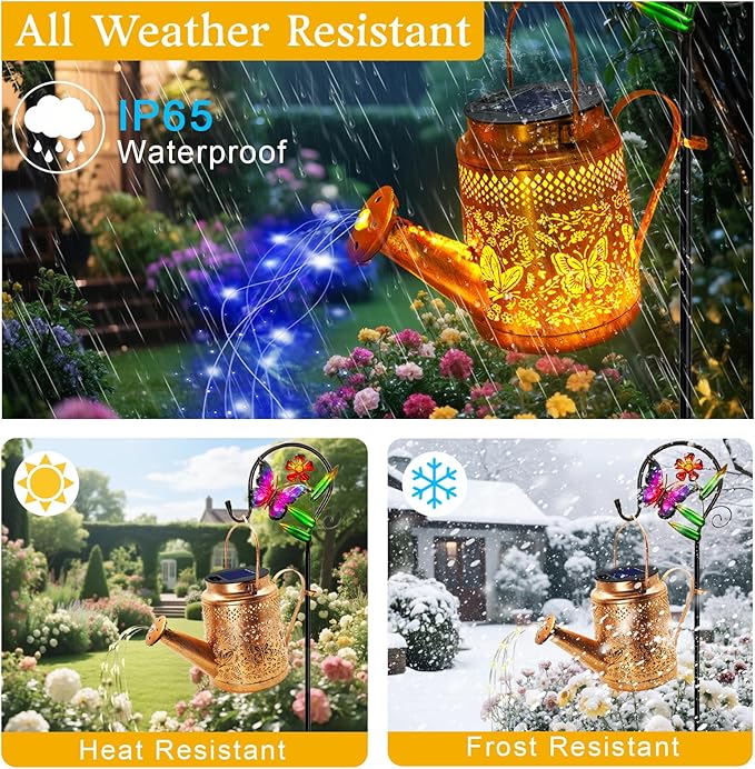 Butterfly Solar Lights Outdoor Waterproof, Solar Watering Can Lights with Shepherd Hook, Metal Hanging Lantern Garden Decor Yard Outside Patio Lawn, Gifts for Mom Grandma Women Birthday