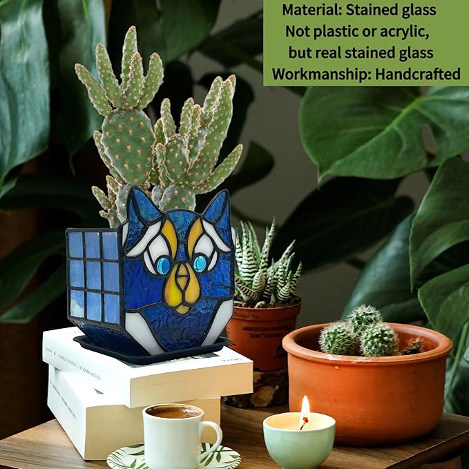 Cat Stained Glass Planter, Flower Pots for Indoor Plants,Cat Plant Decor,Fun Plant Pots Gift 4.6x3x5.15 in(Excluding Plants)