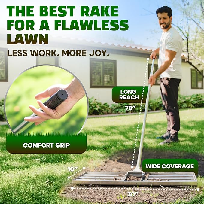 Oris Garden® Lawn Leveling Rake 30 inch - Ground Leveler for yard, sand, soil, grass - Dirt leveling tool, heavy duty stainless steel rakes for golf, grading, gravel, pool seeding, levelling (30 inch)