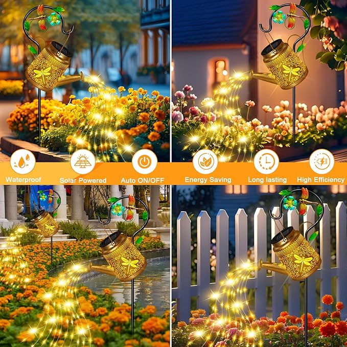 Christma Gifts Dragonfly Solar Watering Can Lights, Outdoor Waterproof Outdoor Lantern with Shepherd Hook, Solar Garden Decor for Yard Outside, Mothers Day Gifts Gift for Women Mom Grandma