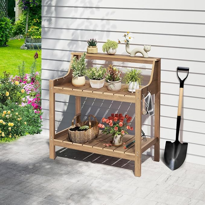 ONBRILL Potting Bench Table, HDPS Potting Bench with 4 Side Hooks, All-Weather Garden Table Work Station, Outdoor Potting Table for Porch, No Rust, No Fade, No Break, 360lbs Capacity (Teak, Large)