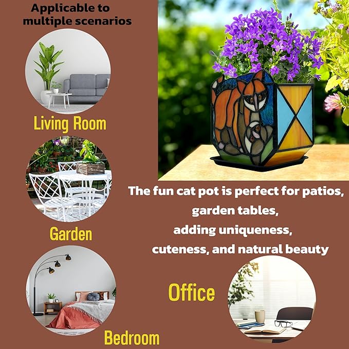 Stained Glass Naughty Cat Planter, Indoor Plant Pots with Drain,Handmade Tiffany Style,Small Candle Holder Decor,Plant Lover Gifts for Women,Gifts for Cat Lovers