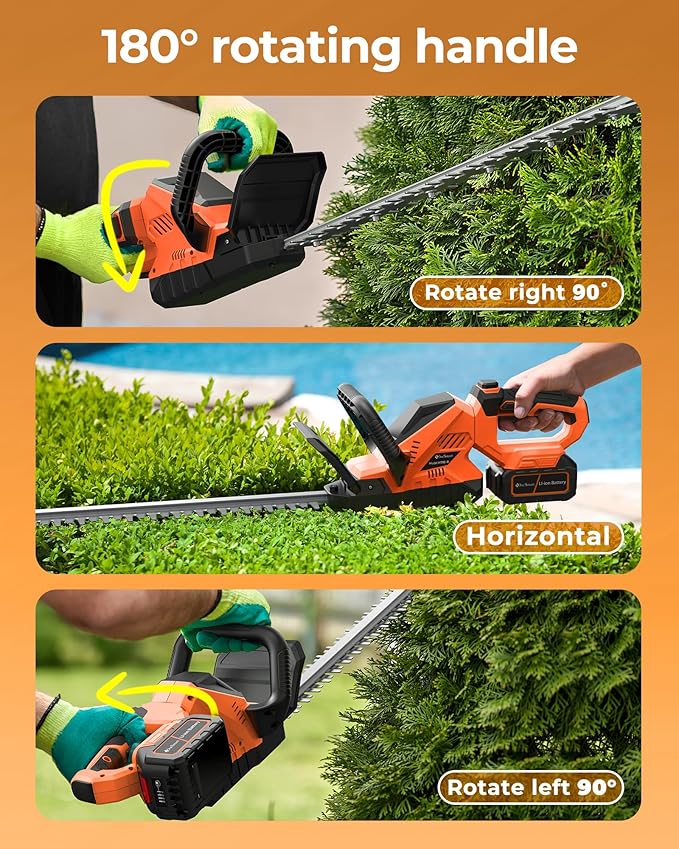 20'' Hedge Trimmer Cordless with 2pcs 4000mAh Battery, Electric Handheld Bush Clipper with Rechargeable Batteries, 3000RPM 180° Rotatable Head, 2/3'' Blade Gap Orange