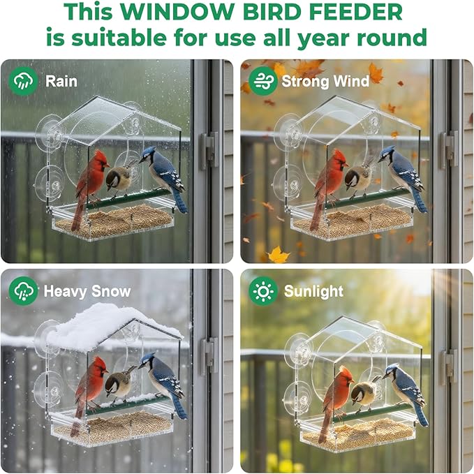 Window Bird Feeder with Strong Suction Cups - 2Pack Clear Sturdy Acrylic Birdfeeder for Outside Windows, 360° Clear View - No Drill Easy Install, Perfect for Cardinals & Finches,etc(2025 New)