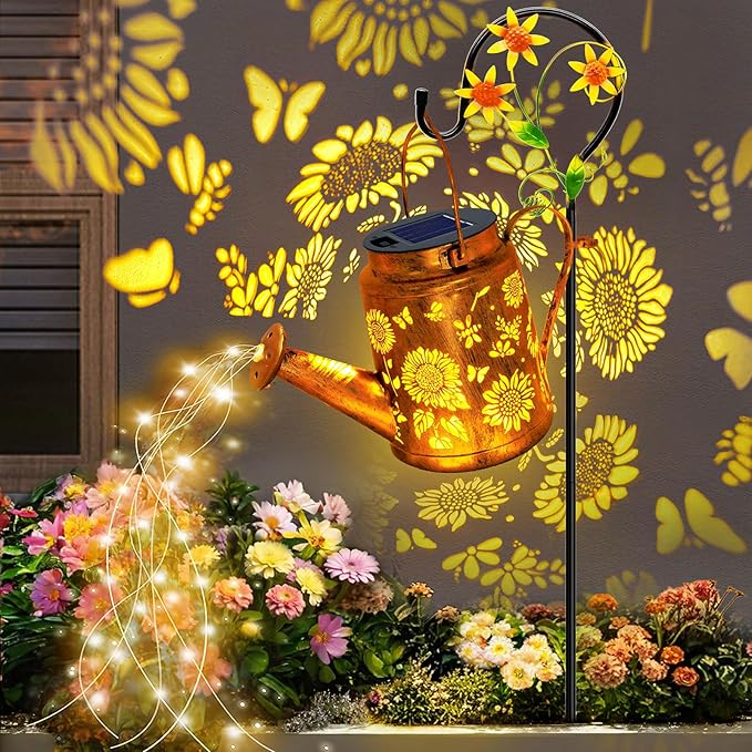Solar Lights Outdoor Waterproof, Sunflower Solar Watering Can Lights with Shepherd Hook, Birthday Gifts for Mom Grandma Women Christmas, Metal Hanging Lantern Garden Decor Yard Outside Patio Lawn