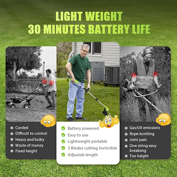Aokia Weed Wacker Cordless for Lawn: 12V Electric String Trimmer with Wheel - Lightweight 2.0Ah Li-Ion Battery Powered for Yard, Garden, Hedge - Grass Edger with 2 Cutting Blade Types
