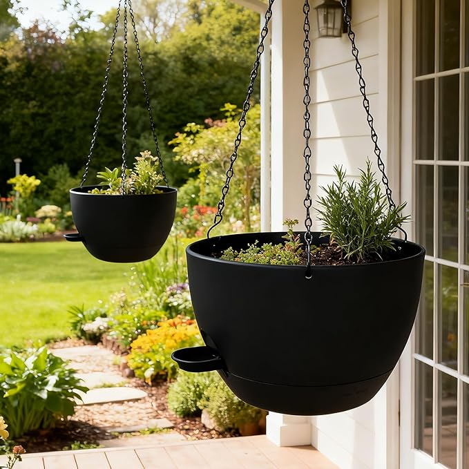 WOUSIWER Self Watering Hanging Planters, 2 Pack 12'' Plastic Pots with Drainage Holes & Reservoir Tray (Black) | Indoor & Outdoor Use for Ferns, Ivy, Herbs, Succulents