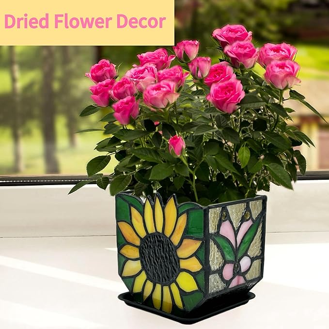 Stained Glass Sunflower Garden Planters,Indoor Plant Pots with Drainage,Unique Plant Pots for Dried Flowers,Sunflower Gifts,4.6 x 3 x 5.15 in
