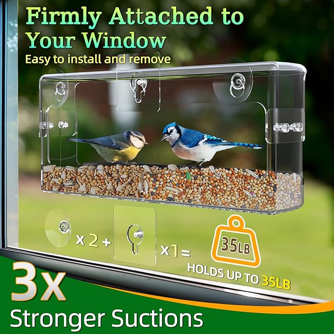 Ermete Window Bird Feeder with Strong Suction Cups, Large View Clear Feeder, Seed Tray, 13in x 5.5in x 4.2in for Outside Weather Proof (Style 1)