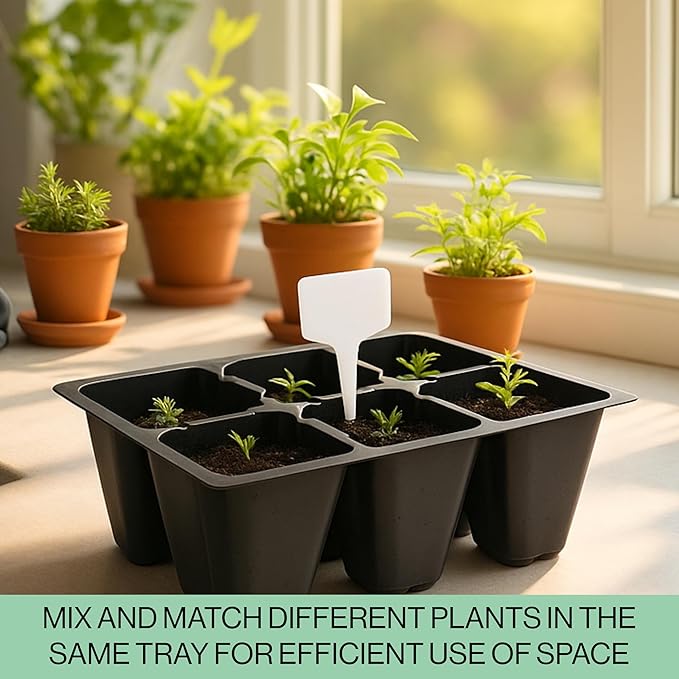 Seed Starter Trays, 144 Cells (24 Trays - 6 Cells Per Tray) + Plant Stakes